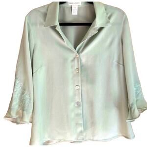 Drapers & Damons Green Vintage Button-Up Blouse embroidered Grandmacore Beach